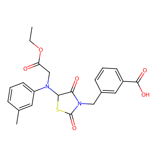 3-({5-[(2-ethoxy-2-oxoethyl)(3-methylphenyl)amino]-2,4-dioxo-1,3-thiazolidin-3-yl}methyl)benzoic acid structure