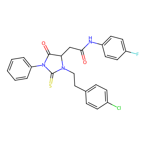 2-{3-[2-(4-chlorophenyl)ethyl]-5-oxo-1-phenyl-2-thioxoimidazolidin-4-yl}-N-(4-fluorophenyl)acetamide structure