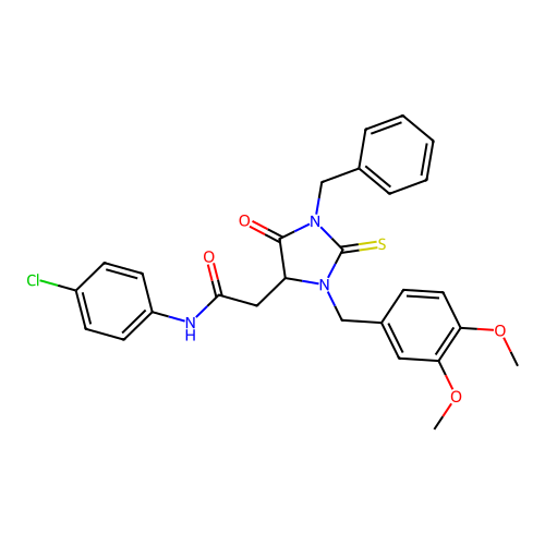 2-[1-benzyl-3-(3,4-dimethoxybenzyl)-5-oxo-2-thioxoimidazolidin-4-yl]-N-(4-chlorophenyl)acetamide structure