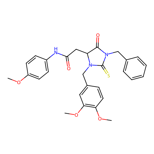 2-[1-benzyl-3-(3,4-dimethoxybenzyl)-5-oxo-2-thioxoimidazolidin-4-yl]-N-(4-methoxyphenyl)acetamide structure