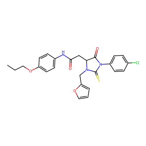 2-[1-(4-chlorophenyl)-3-(furan-2-ylmethyl)-5-oxo-2-thioxoimidazolidin-4-yl]-N-(4-propoxyphenyl)acetamide structure