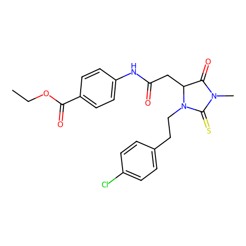 ethyl 4-(2-(3-(4-chlorophenethyl)-1-methyl-5-oxo-2-thioxoimidazolidin-4-yl)acetamido)benzoate structure