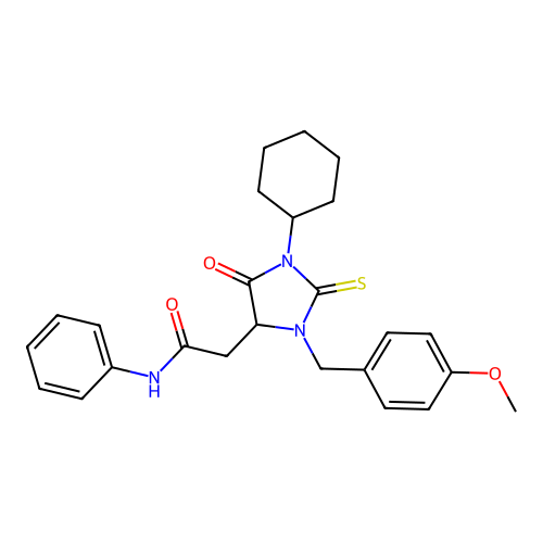 2-[1-cyclohexyl-3-(4-methoxybenzyl)-5-oxo-2-thioxoimidazolidin-4-yl]-N-phenylacetamide structure