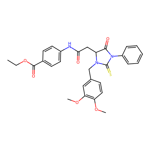 ethyl 4-({[3-(3,4-dimethoxybenzyl)-5-oxo-1-phenyl-2-thioxoimidazolidin-4-yl]acetyl}amino)benzoate structure