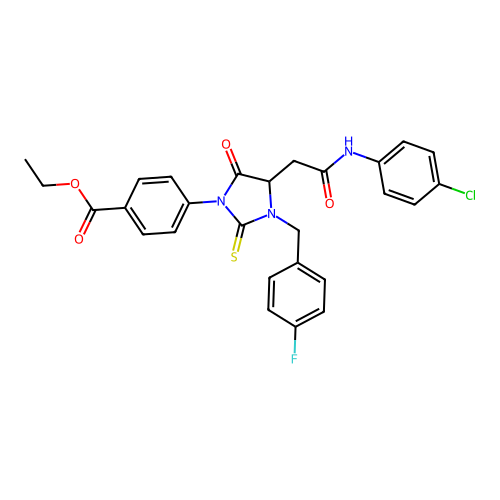 ethyl 4-(4-(2-((4-chlorophenyl)amino)-2-oxoethyl)-3-(4-fluorobenzyl)-5-oxo-2-thioxoimidazolidin-1-yl)benzoate structure