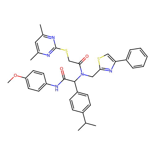 (2S)-2-[[2-(4,6-dimethylpyrimidin-2-yl)sulfanylacetyl]-[(4-phenyl-1,3-thiazol-2-yl)methyl]amino]-N-(4-methoxyphenyl)-2-(4-propan-2-ylphenyl)acetamide structure