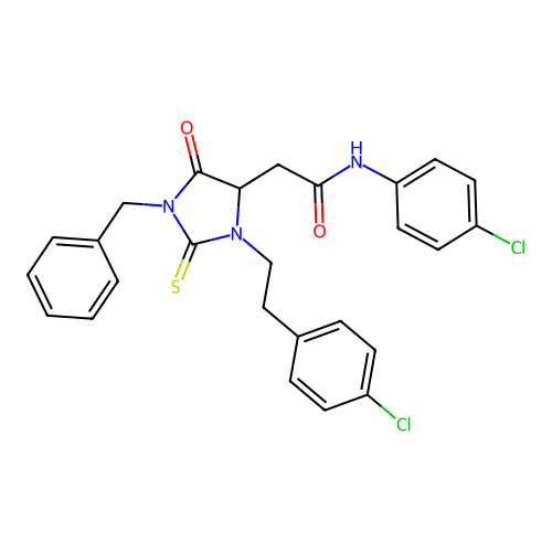 2-{1-benzyl-3-[2-(4-chlorophenyl)ethyl]-5-oxo-2-thioxoimidazolidin-4-yl}-N-(4-chlorophenyl)acetamide structure