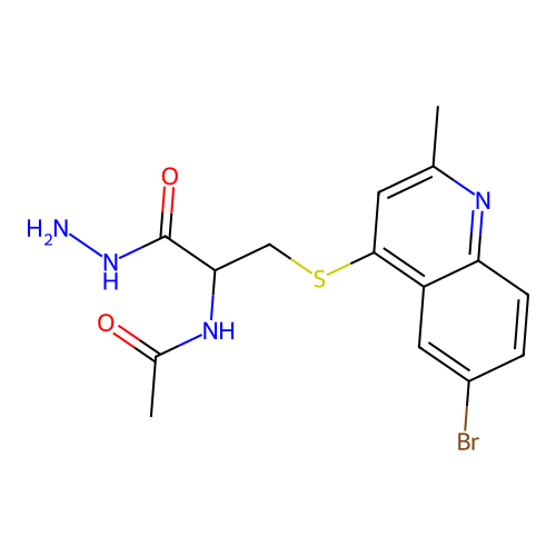 N-(3-((6-bromo-2-methylquinolin-4-yl)thio)-1-hydrazinyl-1-oxopropan-2-yl)acetamide structure