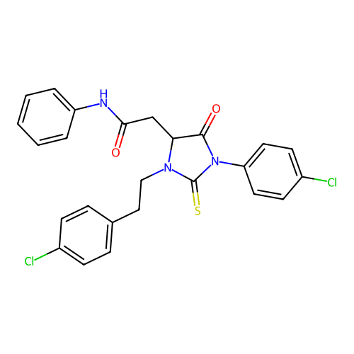 2-[1-(4-chlorophenyl)-3-[2-(4-chlorophenyl)ethyl]-5-oxo-2-sulfanylideneimidazolidin-4-yl]-N-phenylacetamide structure