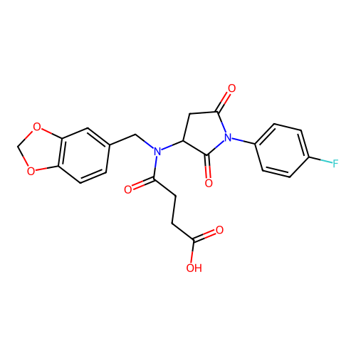 4-((benzo[d][1,3]dioxol-5-ylmethyl)(1-(4-fluorophenyl)-2,5-dioxopyrrolidin-3-yl)amino)-4-oxobutanoic acid structure