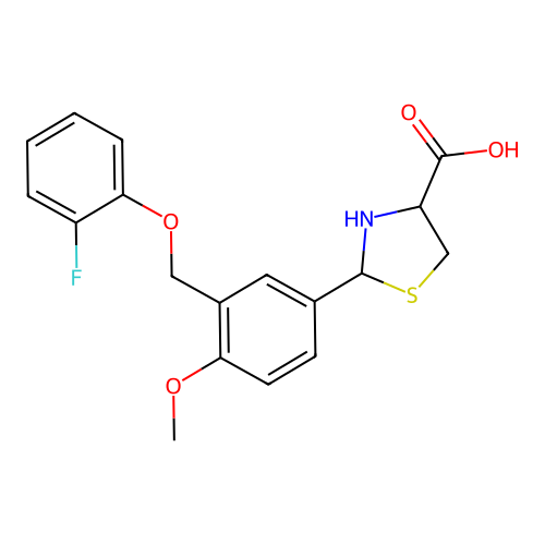 2-(3-((2-fluorophenoxy)methyl)-4-methoxyphenyl)thiazolidine-4-carboxylic acid structure