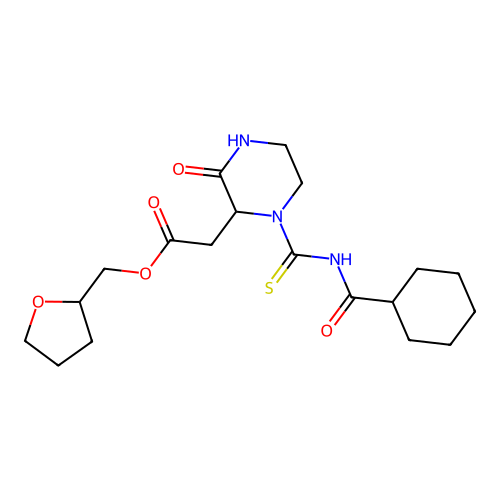 tetrahydro-2-furanylmethyl (1-{[(cyclohexylcarbonyl)amino]carbonothioyl}-3-oxo-2-piperazinyl)acetate structure