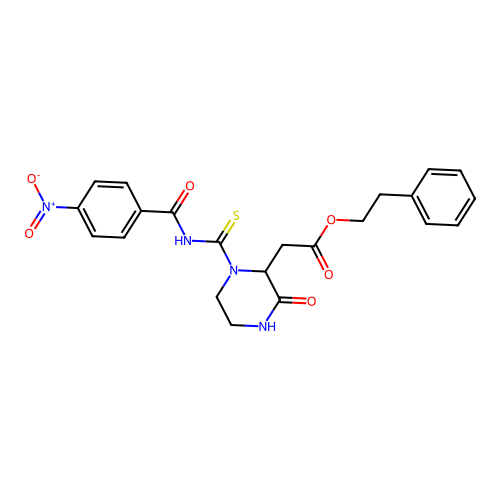 2-phenylethyl (1-{[(4-nitrobenzoyl)amino]carbonothioyl}-3-oxo-2-piperazinyl)acetate structure
