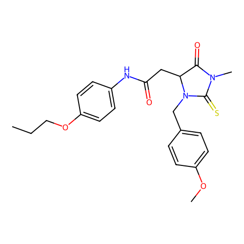 2-[3-(4-methoxybenzyl)-1-methyl-5-oxo-2-thioxoimidazolidin-4-yl]-N-(4-propoxyphenyl)acetamide structure