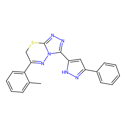 3-(3-phenyl-1H-pyrazol-5-yl)-6-(o-tolyl)-7H-[1,2,4]triazolo[3,4-b][1,3,4]thiadiazine structure