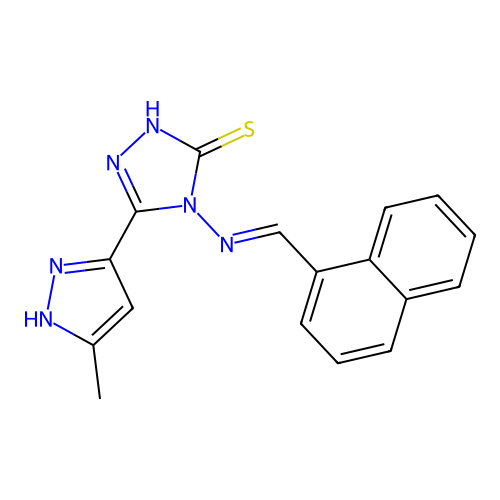 4-((1E)-2-naphthyl-1-azavinyl)-5-(3-methylpyrazol-5-yl)-1,2,4-triazole-3-thiol structure