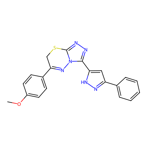 6-(4-methoxyphenyl)-3-(3-phenyl-1H-pyrazol-5-yl)-7H-[1,2,4]triazolo[3,4-b][1,3,4]thiadiazine structure