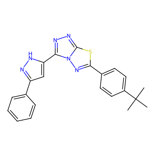 5-[6-(4-tert-butylphenyl)-[1,2,4]triazolo[3,4-b][1,3,4]thiadiazol-3-yl]-3-phenyl-1H-pyrazole structure