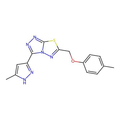 3-(3-methyl-1H-pyrazol-5-yl)-6-((p-tolyloxy)methyl)-[1,2,4]triazolo[3,4-b][1,3,4]thiadiazole structure