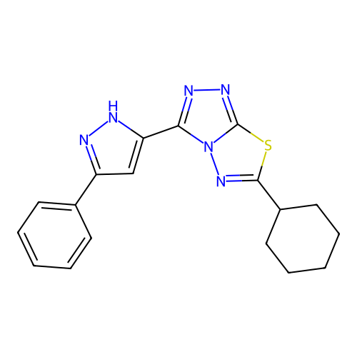 6-cyclohexyl-3-(3-phenyl-1H-pyrazol-5-yl)-[1,2,4]triazolo[3,4-b][1,3,4]thiadiazole structure