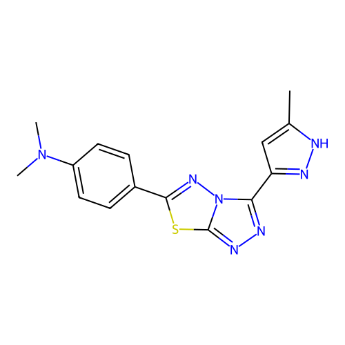 dimethyl{4-[3-(3-methylpyrazol-5-yl)(1,2,4-triazolo[3,4-b]1,3,4-thiadiazolin-6 -yl)]phenyl}amine structure