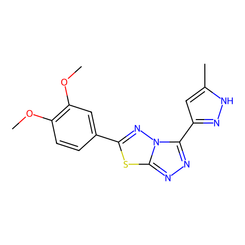 1,2-dimethoxy-4-[3-(3-methylpyrazol-5-yl)(1,2,4-triazolo[3,4-b]1,3,4-thiadiazo lin-6-yl)]benzene structure