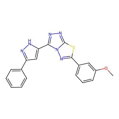 6-(3-methoxyphenyl)-3-(3-phenyl-1H-pyrazol-5-yl)-[1,2,4]triazolo[3,4-b][1,3,4]thiadiazole structure