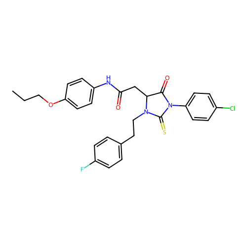 2-[1-(4-chlorophenyl)-3-[2-(4-fluorophenyl)ethyl]-5-oxo-2-sulfanylideneimidazolidin-4-yl]-N-(4-propoxyphenyl)acetamide structure