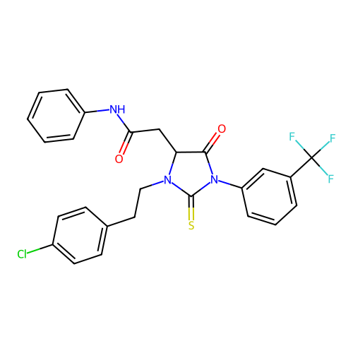 2-(3-(4-chlorophenethyl)-5-oxo-2-thioxo-1-(3-(trifluoromethyl)phenyl)imidazolidin-4-yl)-N-phenylacetamide structure