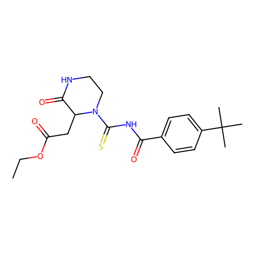 ethyl (1-{[(4-tert-butylbenzoyl)amino]carbonothioyl}-3-oxo-2-piperazinyl)acetate structure