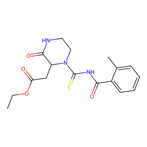 Ethyl (1-{[(2-methylphenyl)carbonyl]carbamothioyl}-3-oxopiperazin-2-yl)acetate structure