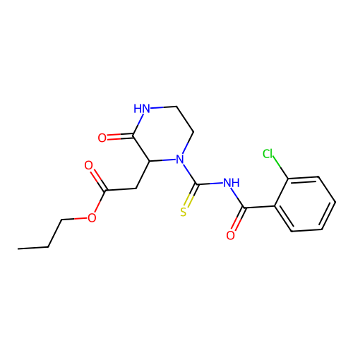 Propyl (1-{[(2-chlorophenyl)carbonyl]carbamothioyl}-3-oxopiperazin-2-yl)acetate structure