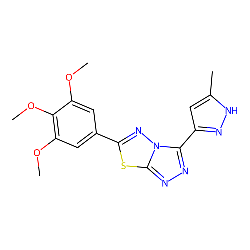 1,2,3-trimethoxy-5-[3-(3-methylpyrazol-5-yl)(1,2,4-triazolo[3,4-b]1,3,4-thiadi azolin-6-yl)]benzene structure