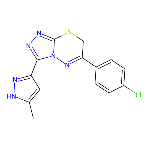 6-(4-chlorophenyl)-3-(5-methyl-1H-pyrazol-3-yl)-7H-[1,2,4]triazolo[3,4-b][1,3,4]thiadiazine structure