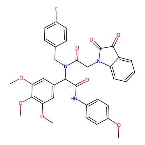 (2R)-2-[[2-(2,3-dioxoindol-1-yl)acetyl]-[(4-fluorophenyl)methyl]amino]-N-(4-methoxyphenyl)-2-(3,4,5-trimethoxyphenyl)acetamide structure