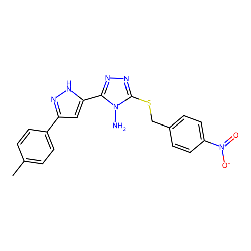 3-((4-nitrobenzyl)thio)-5-(3-(p-tolyl)-1H-pyrazol-5-yl)-4H-1,2,4-triazol-4-amine structure