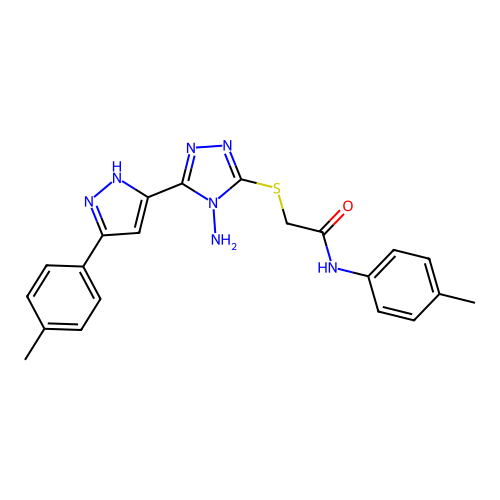 2-((4-amino-5-(3-(p-tolyl)-1H-pyrazol-5-yl)-4H-1,2,4-triazol-3-yl)thio)-N-(p-tolyl)acetamide structure