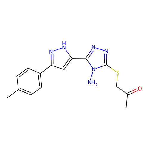 1-((4-amino-5-(3-(p-tolyl)-1H-pyrazol-5-yl)-4H-1,2,4-triazol-3-yl)thio)propan-2-one structure