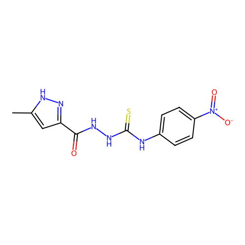 2-[(5-methyl-1H-pyrazol-3-yl)carbonyl]-N-(4-nitrophenyl)hydrazinecarbothioamide structure