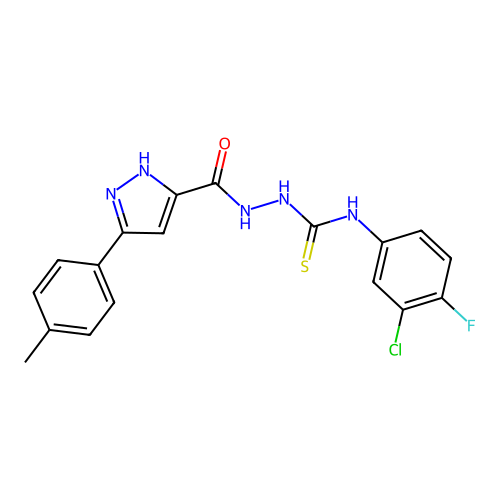 1-(3-chloro-4-fluorophenyl)-3-[[3-(4-methylphenyl)-1H-pyrazole-5-carbonyl]amino]thiourea structure