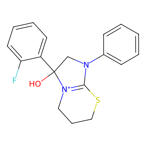 3-(2-fluorophenyl)-1-phenyl-2,5,6,7-tetrahydroimidazo[2,1-b][1,3]thiazin-4-ium-3-ol structure