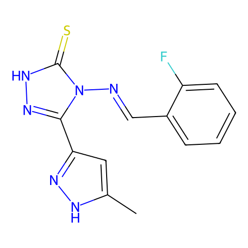 (E)-4-((2-fluorobenzylidene)amino)-5-(3-methyl-1H-pyrazol-5-yl)-4H-1,2,4-triazole-3-thiol structure