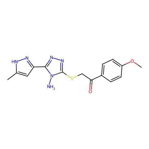 2-((4-amino-5-(3-methyl-1H-pyrazol-5-yl)-4H-1,2,4-triazol-3-yl)thio)-1-(4-methoxyphenyl)ethanone structure