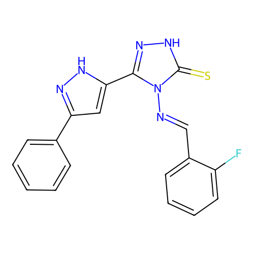 (E)-4-((2-fluorobenzylidene)amino)-5-(3-phenyl-1H-pyrazol-5-yl)-4H-1,2,4-triazole-3-thiol structure