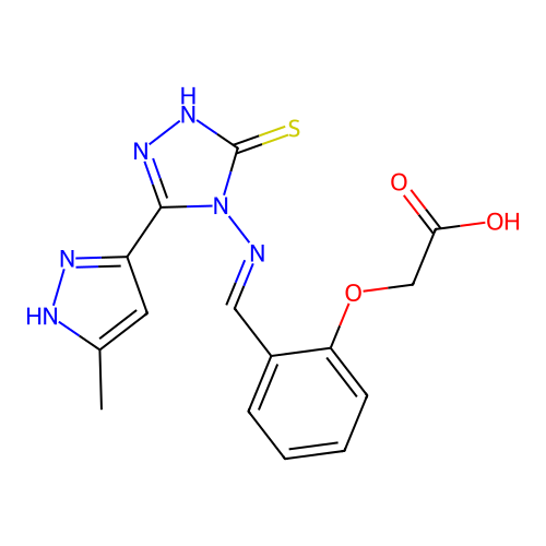 (E)-2-(2-(((3-mercapto-5-(3-methyl-1H-pyrazol-5-yl)-4H-1,2,4-triazol-4-yl)imino)methyl)phenoxy)acetic acid structure