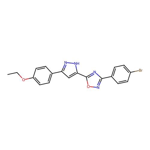 3-(4-bromophenyl)-5-[3-(4-ethoxyphenyl)-1H-pyrazol-5-yl]-1,2,4-oxadiazole structure