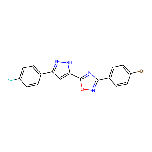 3-(4-bromophenyl)-5-[3-(4-fluorophenyl)-1H-pyrazol-5-yl]-1,2,4-oxadiazole structure