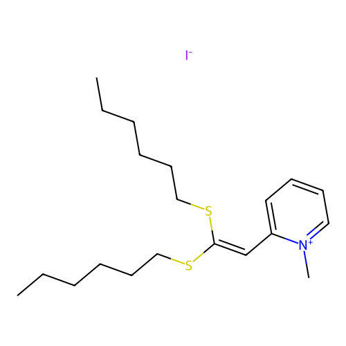 2-[2,2-Bis(hexylsulfanyl)ethenyl]-1-methylpyridin-1-ium iodide structure
