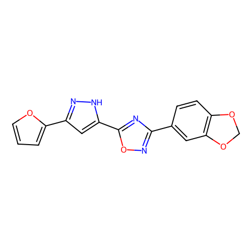 3-(benzo[d][1,3]dioxol-5-yl)-5-(3-(furan-2-yl)-1H-pyrazol-5-yl)-1,2,4-oxadiazole structure