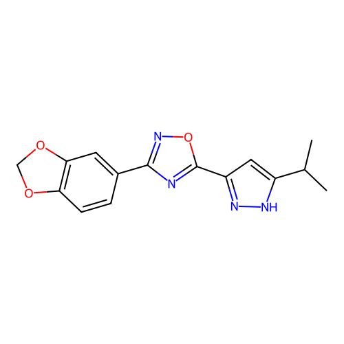 3-(benzo[d][1,3]dioxol-5-yl)-5-(3-isopropyl-1H-pyrazol-5-yl)-1,2,4-oxadiazole structure